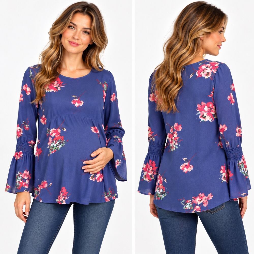 Isabel Maternity Womens Blue Pink Floral Bell Sleeve Pullover Blouse Tunic Top